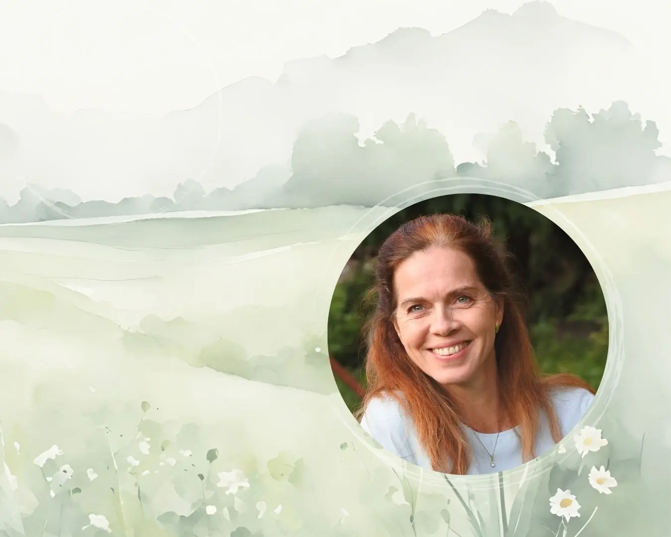 světle zelené akvarelové pozadí s fotografií Jitky Čápové